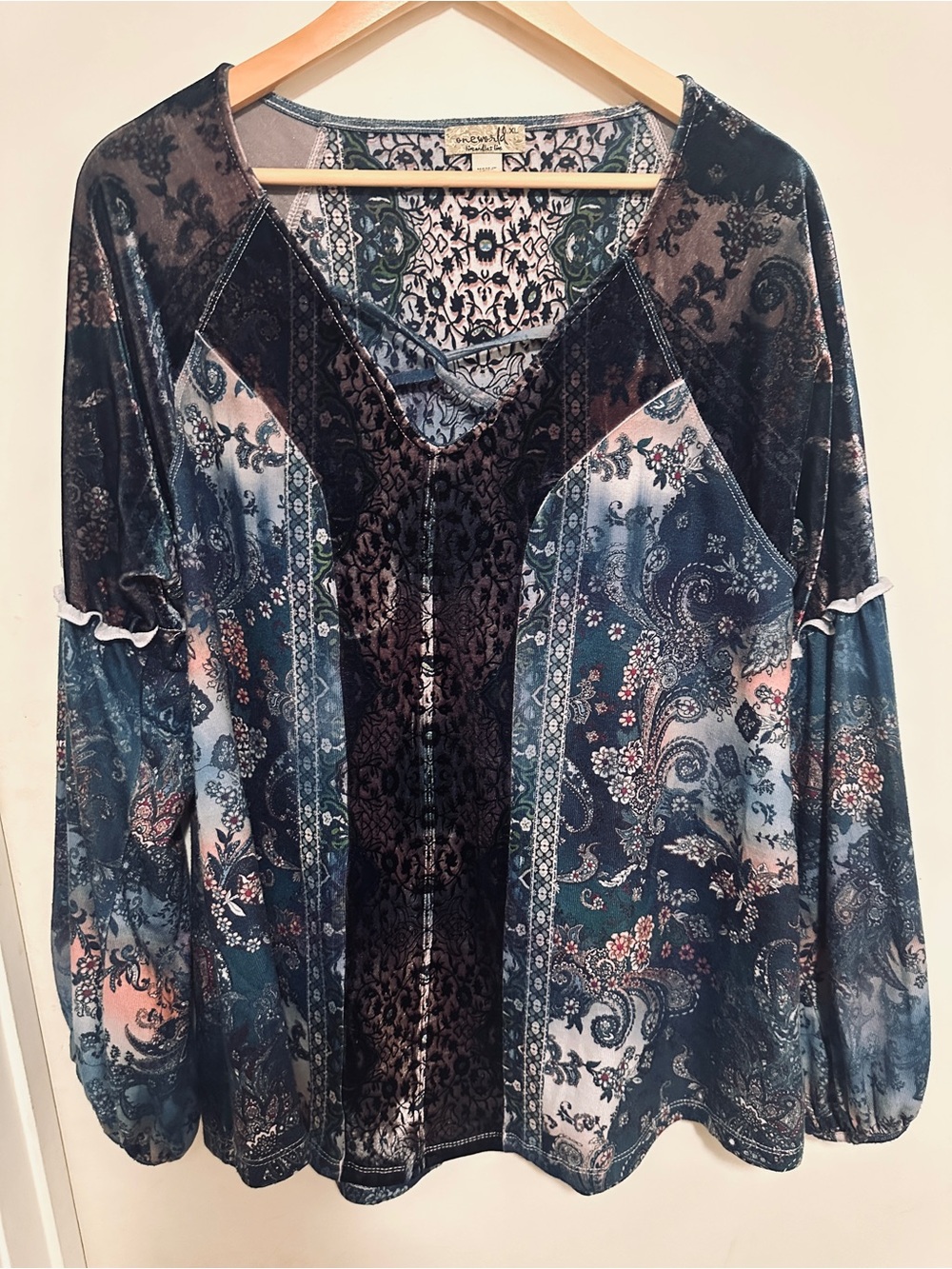 Oneworld Boho Paisley Floral Velvet Trim Top Women's XL Long Sleeve Tunic
